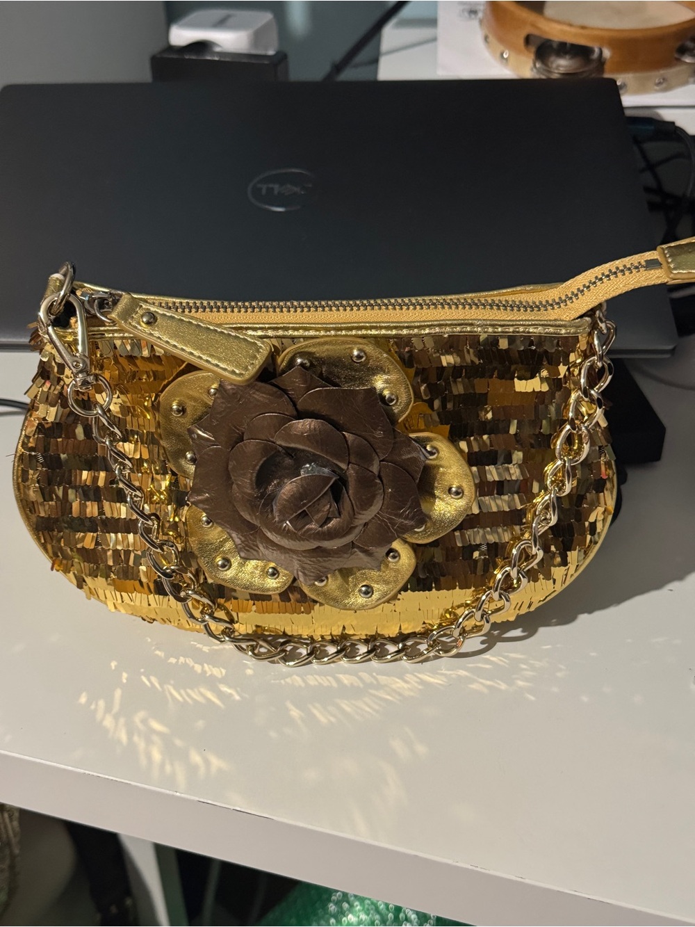 Sharif Gold Sequined Crossbody with Bronze Floral Accent gold clutch Y2K club - Picture 6 of 12
